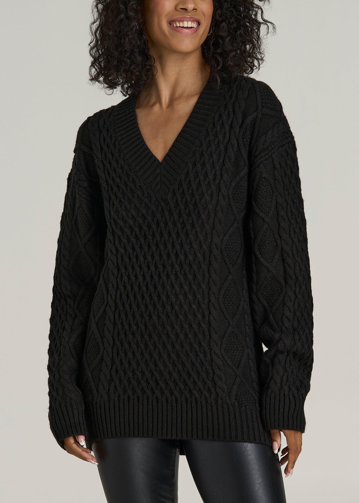 V Neck Cashmere Blend Cable Knit Women's Tall Sweater in Black Female Product Image