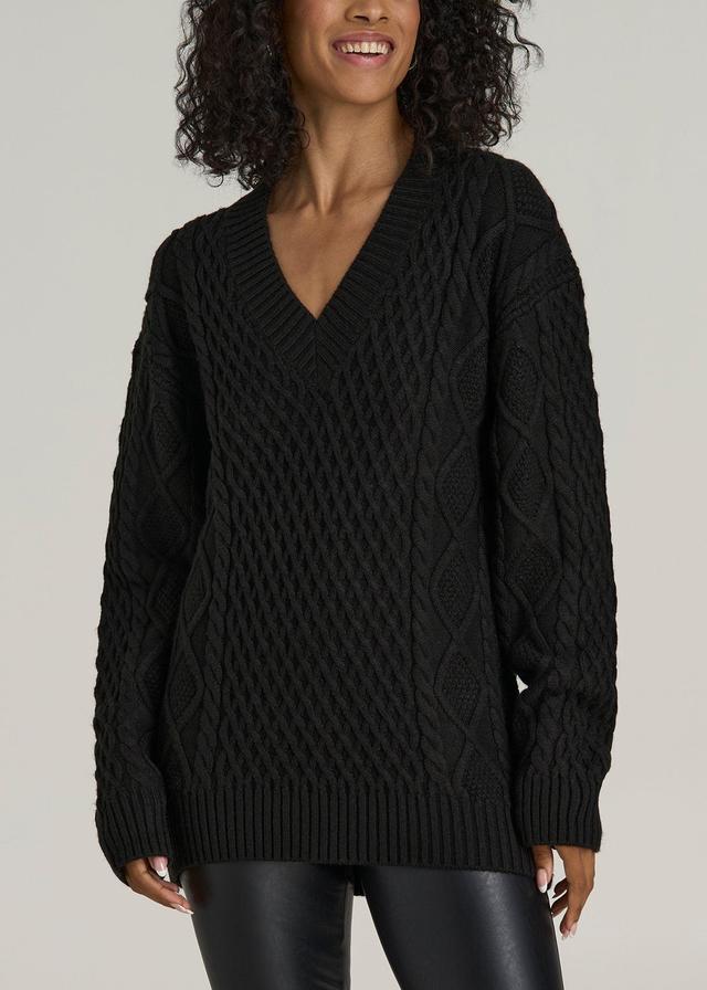 V Neck Cashmere Cable Knit Women's Tall Sweater in Black Female Product Image