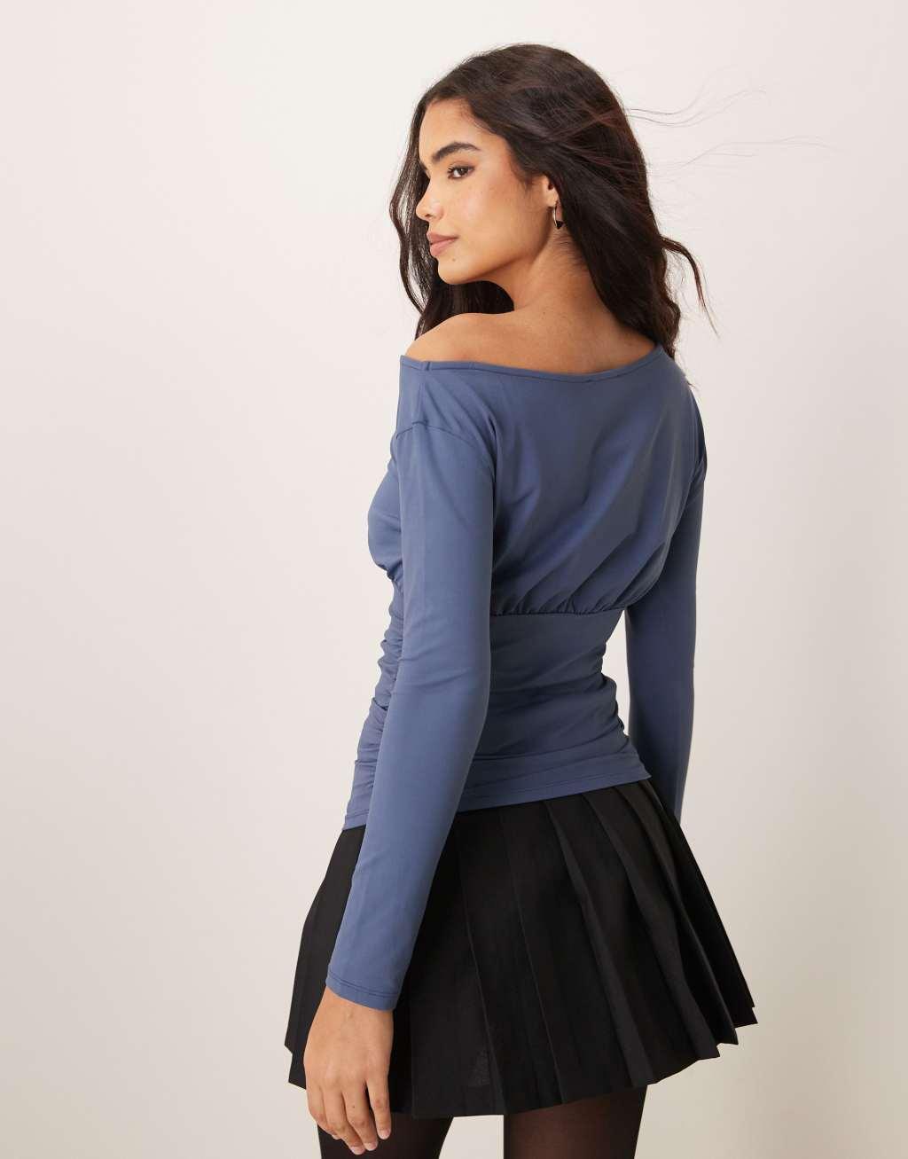 ASOS DESIGN asymmetric slouchy one shoulder top in navy Product Image