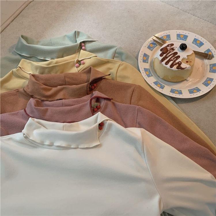 Long-Sleeve Asymmetrical Collar Fruit Accent Plain Top Product Image