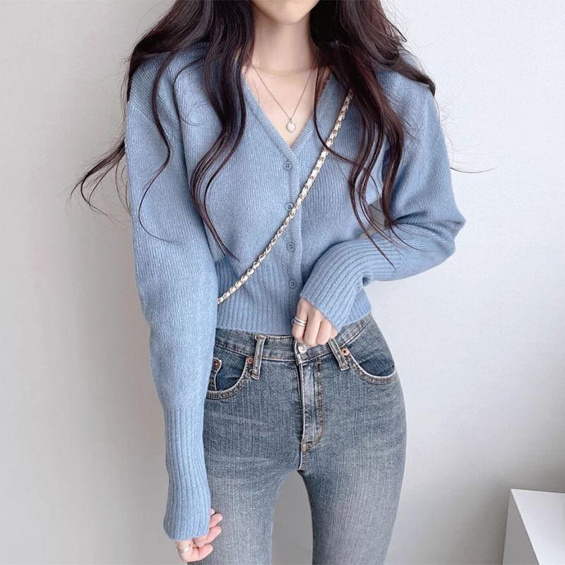 V-Neck Button-Up Plain Crop Cardigan Product Image