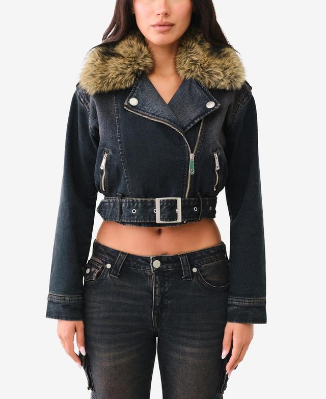 True Religion Womens Denim Moto Jacket with Fur Product Image