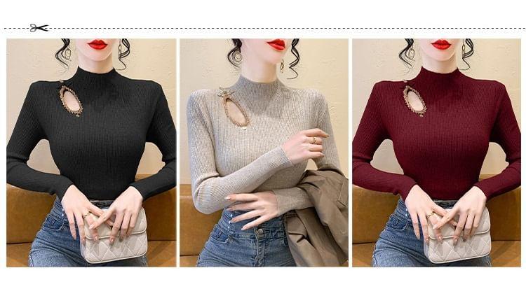 Long Sleeve Mock Neck Beaded Cutout Ribbed Knit Top Product Image