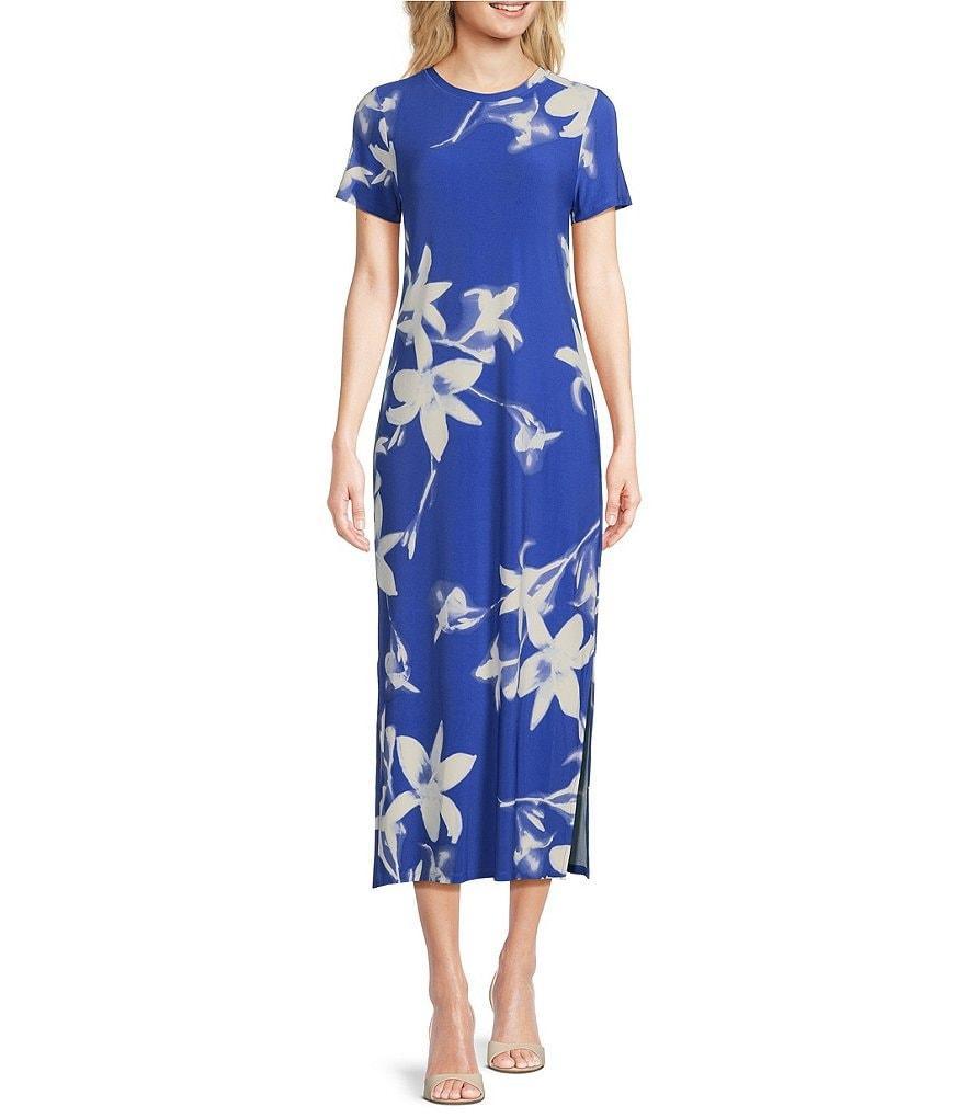 Calvin Klein Allover Floral Print Crew Neck Short Sleeve Sheath Dress Product Image