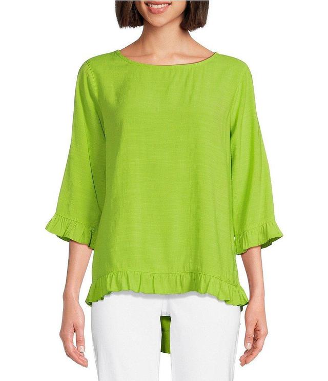 Multiples Slub Woven Scoop Neck 3/4 Sleeve Ruffled Fitted Top Product Image