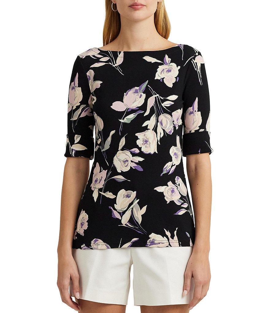 Lauren Ralph Lauren Floral Stretch Cotton Slim Fit Boat Neck Tee Shirt Product Image