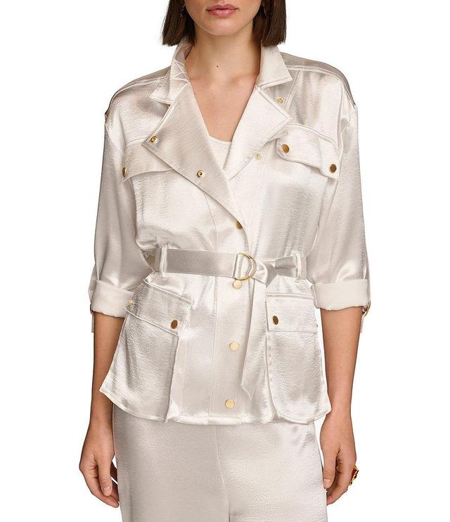 Donna Karan Satin Notch Lapel Collar Flap Pocket Roll Tab Long Sleeve Belted Coordinating Jacket Product Image