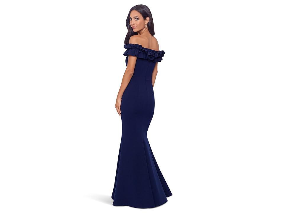 Xscape Evenings Off the Shoulder Ruffle Crepe Trumpet Gown Product Image