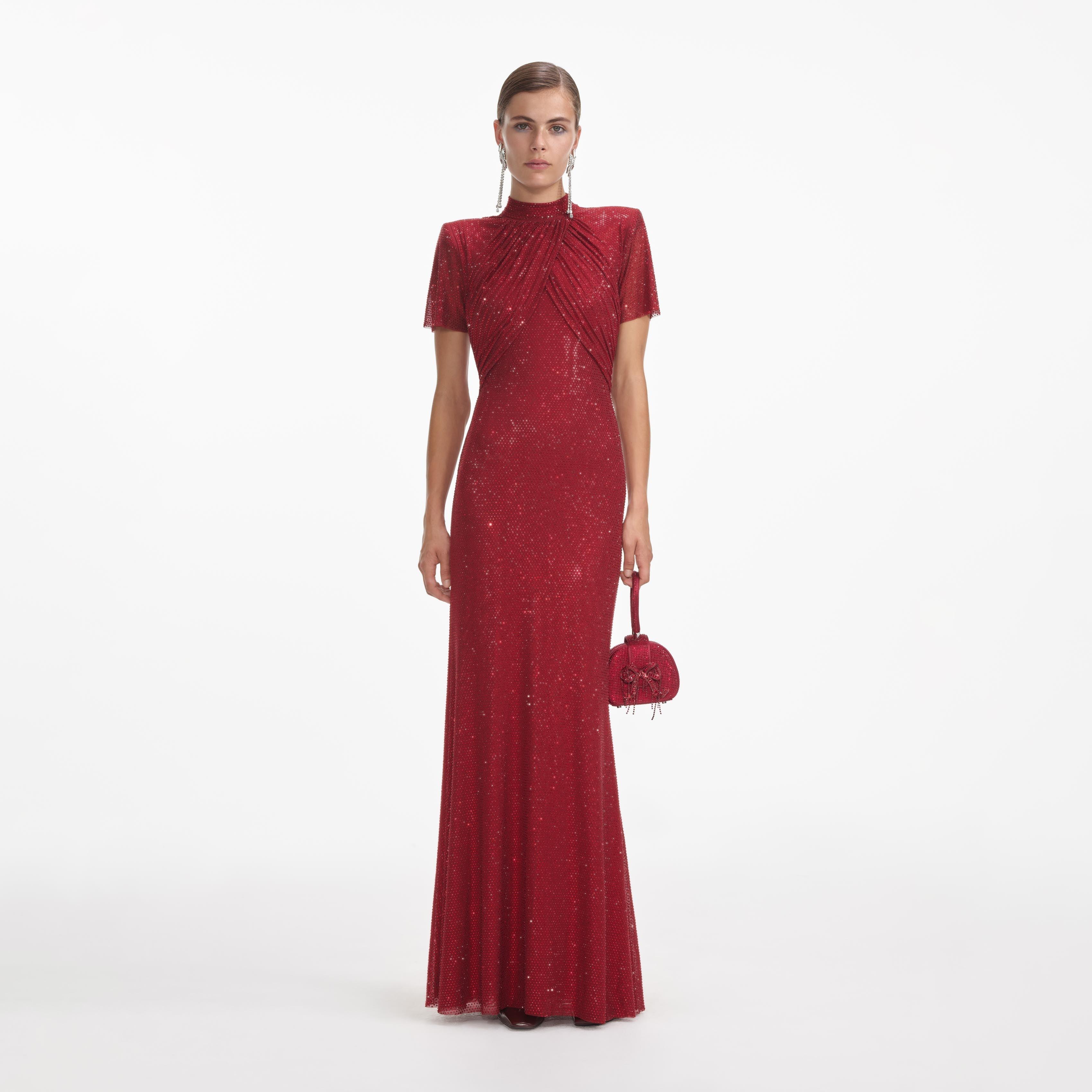 Red Rhinestone Mesh Maxi Dress Product Image