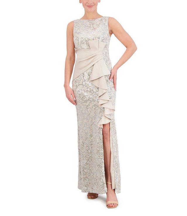 Eliza J Sequin Lace Boat Neck Sleeveless Ruffle Front Slit Gown Product Image