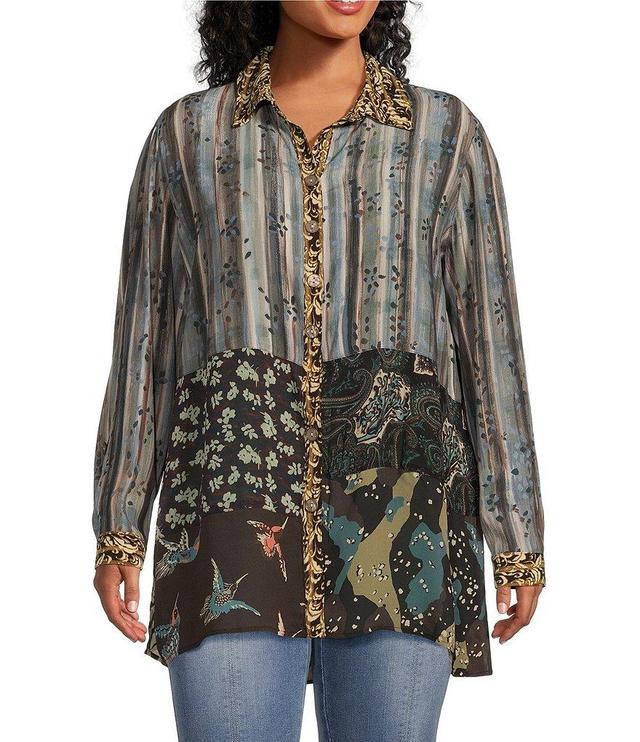 John Mark Plus Size Mix Print Patched Point Collar 3/4 Roll-Tab Sleeve Button Front Tunic Product Image