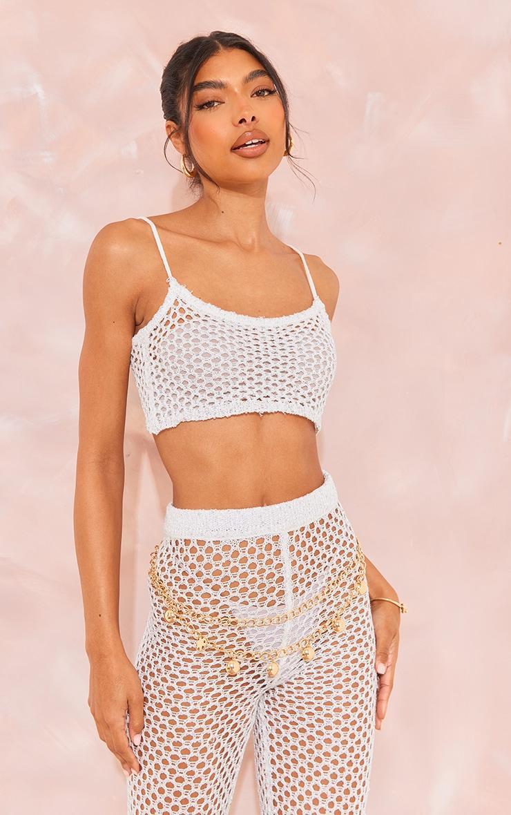  Tall White Sequin Strappy Fishnet Crop Top Product Image