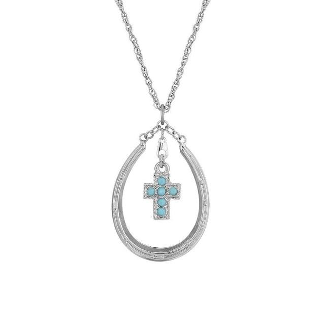 1928 Silver Tone Horseshoe Turquoise Crystal Cross Necklace, Womens Product Image