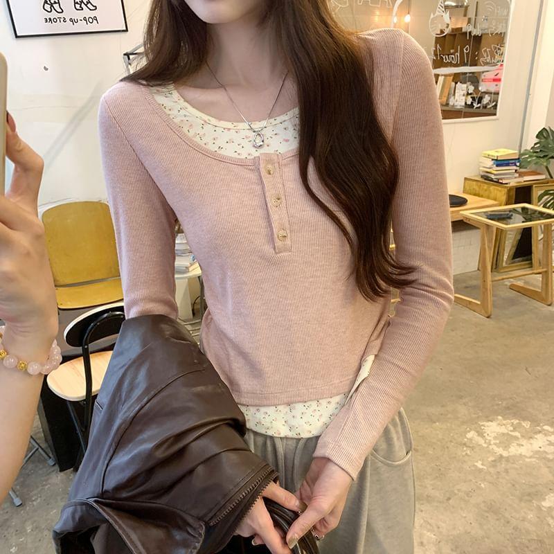 Long Sleeve Mock Two Piece Floral Print Color-Block Slim-Fit Crop Top Product Image