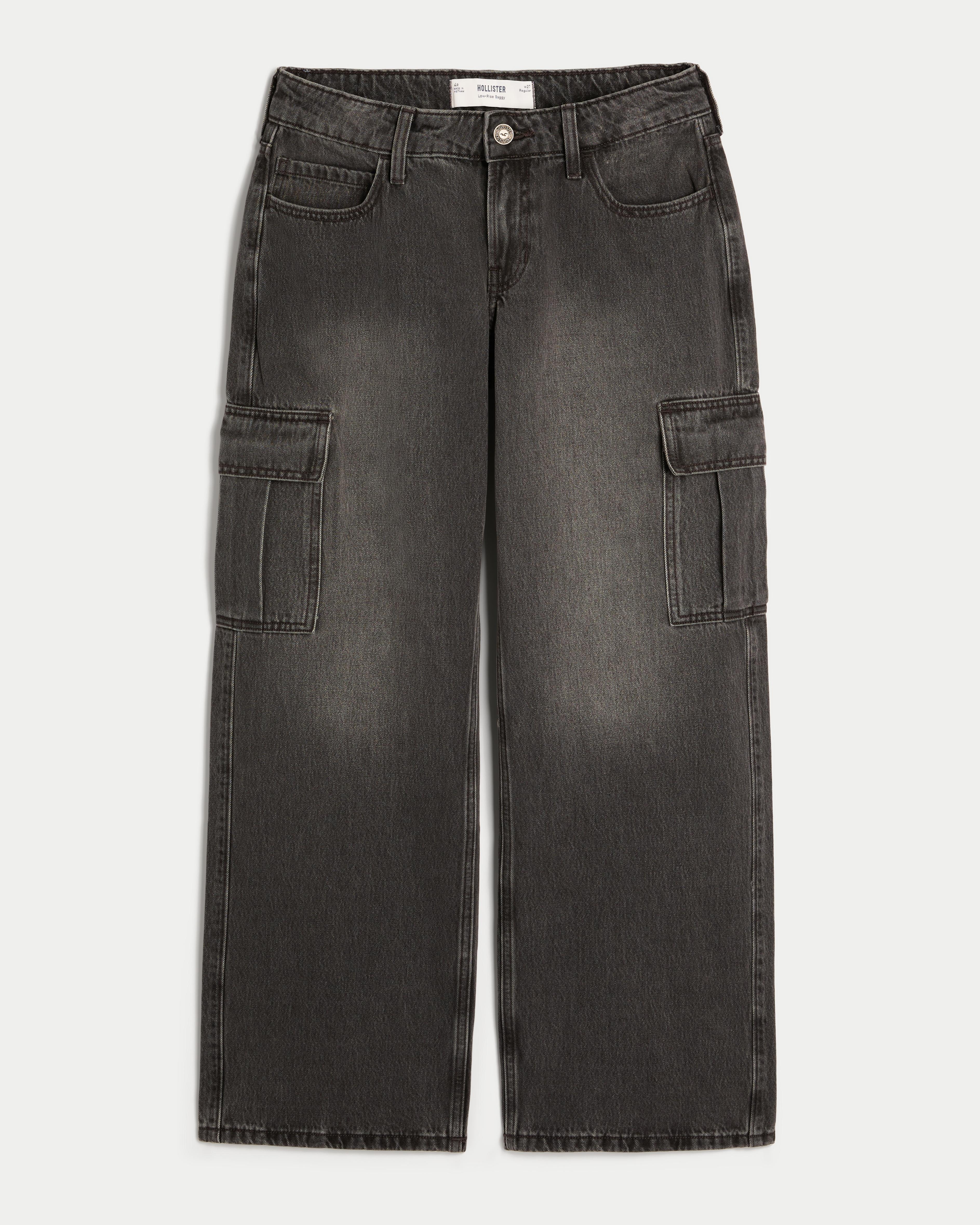 Low-Rise Washed Black Baggy Cargo Jeans Product Image