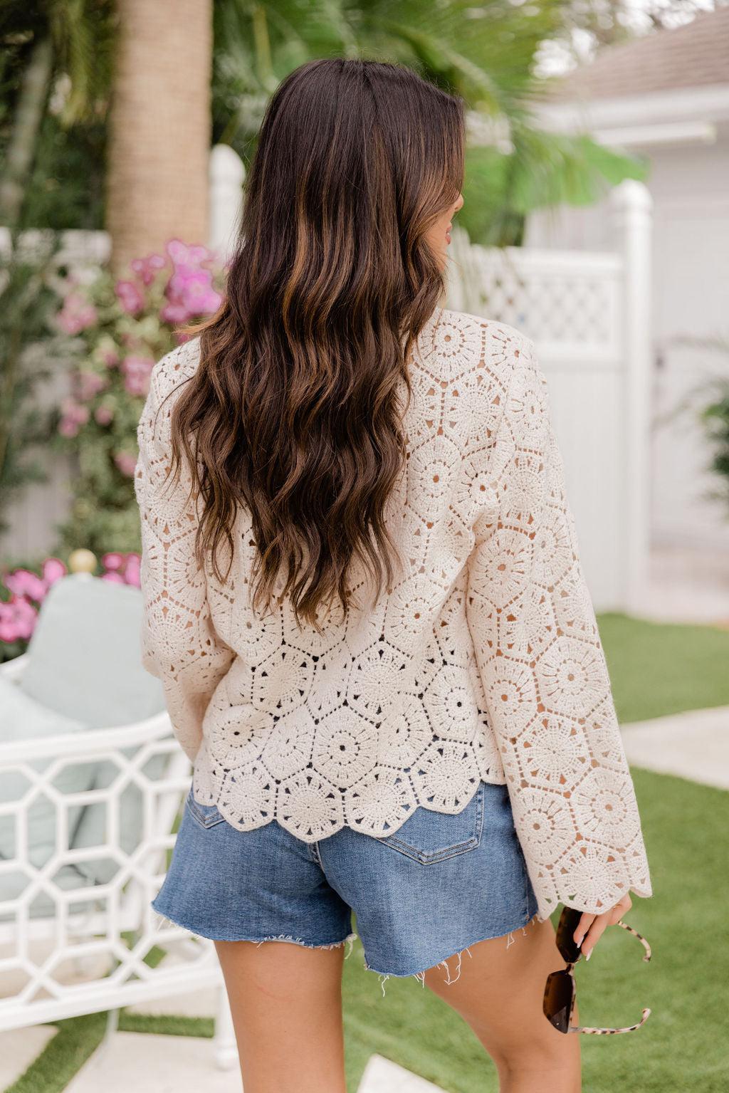 Taking The Leap Beige Crochet Crew Neck Sweater FINAL SALE Product Image