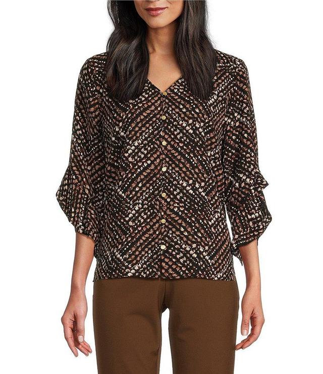 Investments Petite Size Dashed Chevron Print Woven Faux Button Front V-Neck 3/4 Flare Ruffle Sleeve Top Product Image