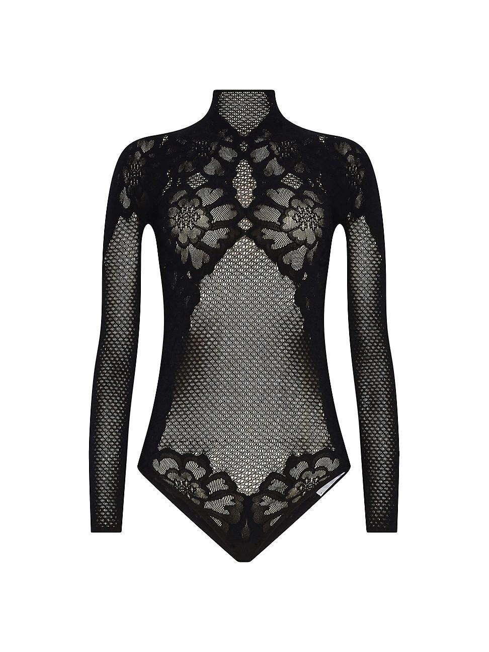 Womens Floral Lace Fishnet Mock-Turtleneck Bodysuit Product Image