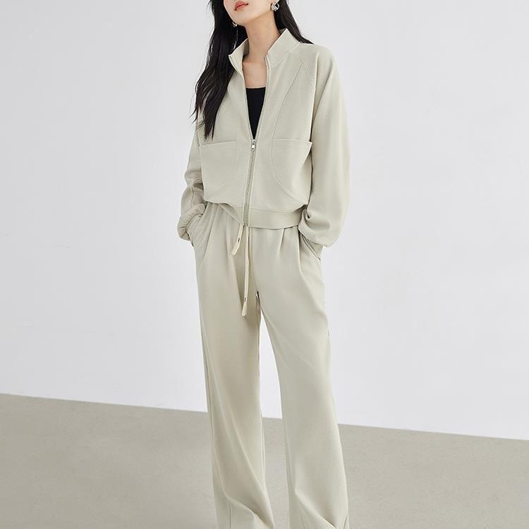 Set: Stand Collar Plain Zip Jacket + Mid Rise Plain Wide Leg Pants Product Image