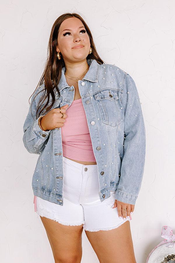 The Juni Embellished Denim Jacket In Light Wash Curves product image