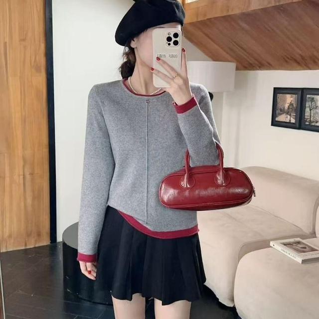 Crew Neck Contrast Trim Ribbed Knit Sweater Product Image