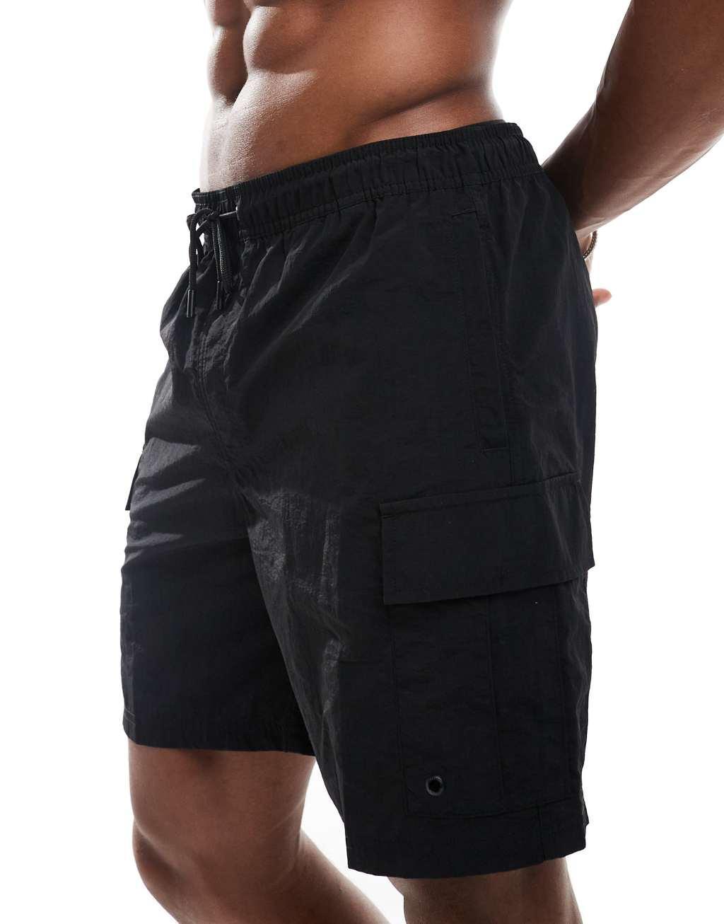 Jack & Jones cargo swim shorts in black  Product Image