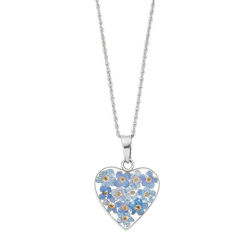 Sterling Silver Pressed Blue Flower Heart Pendant, Womens Product Image