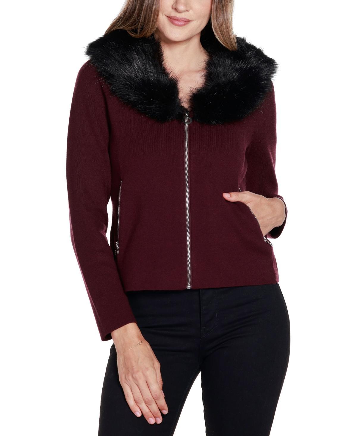 Belldini Womens Black Label Faux Fur Collar Short Zip Cardigan Sweater Product Image