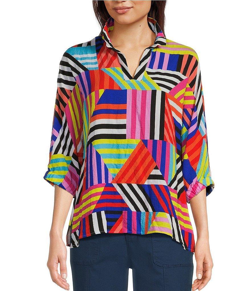 Ali Miles Multiple Stripe Print Woven Split V-Neck 3/4 Sleeve Pop Over Tunic Product Image