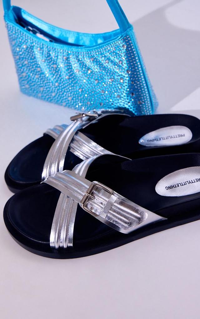 Silver Real Leather Round Toe Cross Over Buckle Detail Strap Footbed Sandals Product Image