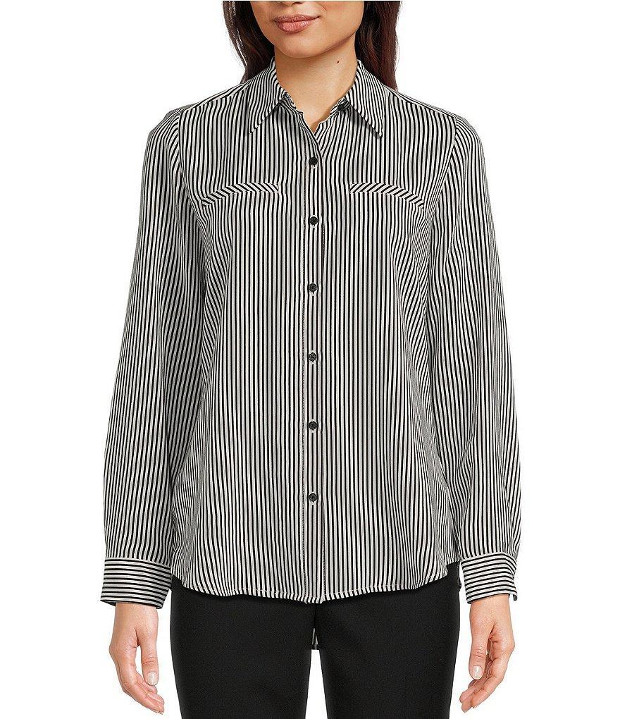 Alex Marie Piper Crepe de Chine Striped Print Point Collar Long Sleeve Button Front Blouse Product Image