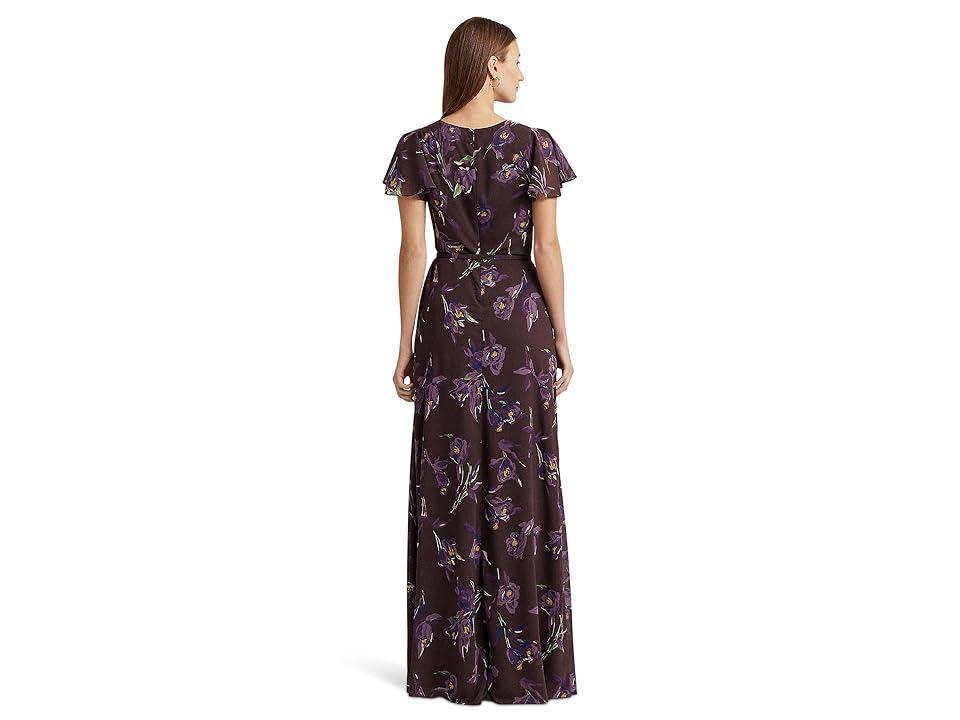 Lauren Ralph Lauren Floral Belted Georgette Flutter-Sleeve Gown Purple/Multi) Women's Dress Product Image