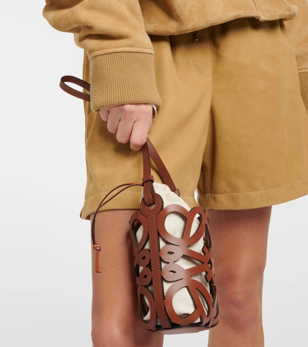 LOEWE + Paula's Ibiza Cutout Leather And Herringbone Canvas Shoulder Bag In Brown Product Image