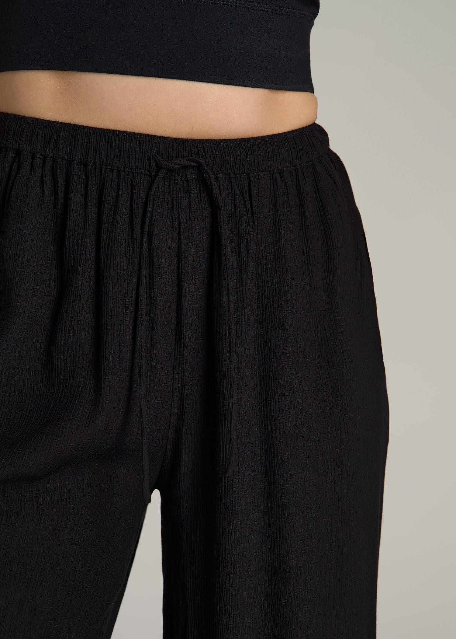 Crinkle Pull-on Wide-leg Pants for Tall Women in Black Product Image