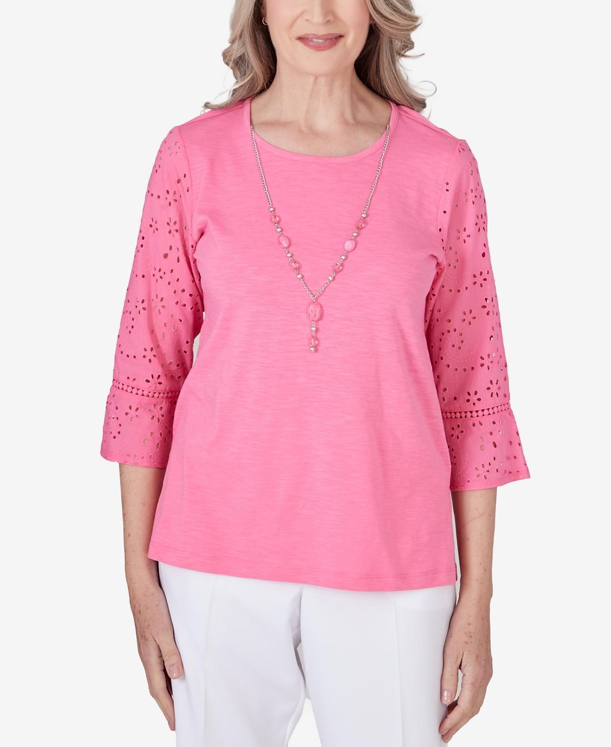 Alfred Dunner Womens Paradise Island Eyelet Trim Top with Detachable Necklace Product Image