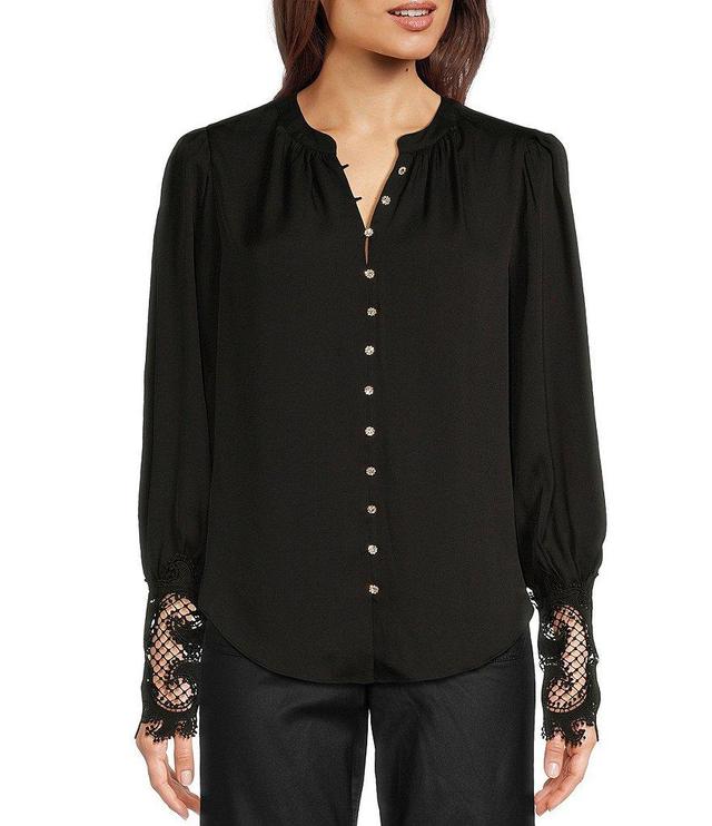 Gibson & Latimer Woven Crepe de Chine Ruched Band Collar Long Peasant Lace Cuff Sleeve Embellished Button Front Blouse Product Image