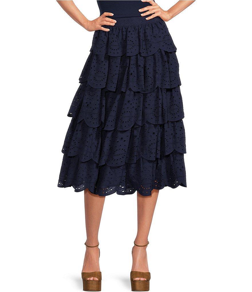 A Loves A Coordinating High Rise Eyelet Embroidered Scalloped Hem Tiered A-Line Coordinating Midi Skirt Product Image