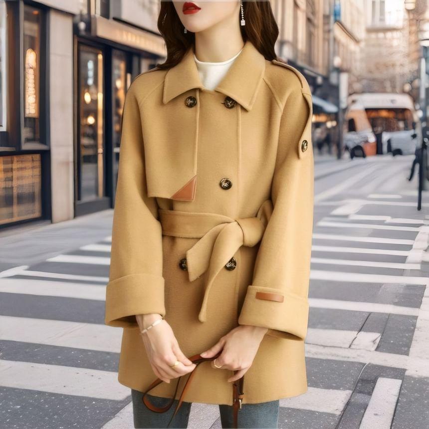 Collared Double Breasted Plain Coat Product Image