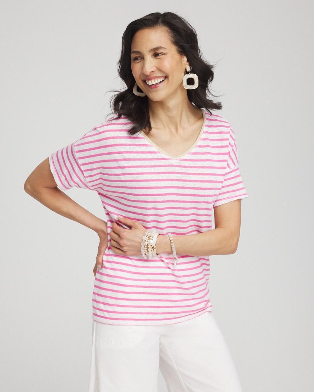 Women's Pink Stripe Sweater Trim Linen Tee size 8/10   Chico's - Delightful Pink - Women Product Image