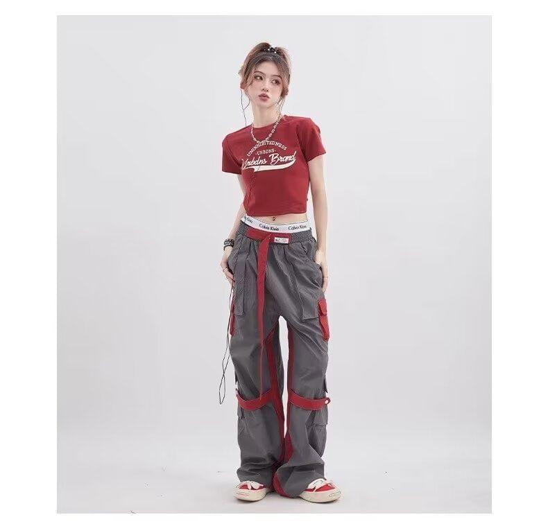 Elastic Waist Two Tone Wide Leg Cargo Pants Product Image