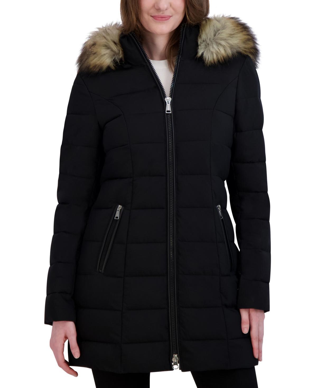 Laundry by Shelli Segal Womens Stretch Faux-Fur Trim Hooded Puffer Coat Product Image