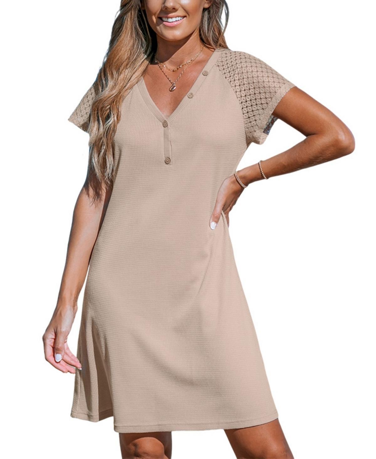 Cupshe Womens Apricot V-Neck Short Sleeve Mini Jersey Beach Dress - Beige Product Image