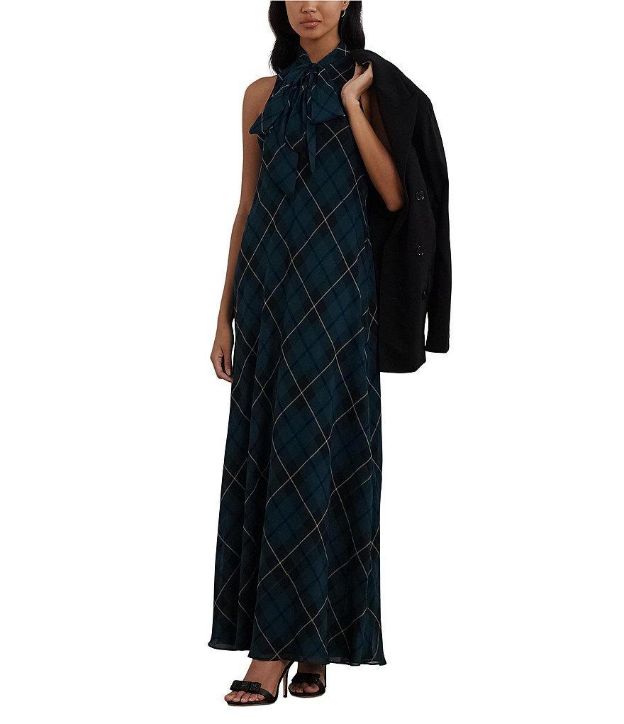 Lauren Ralph Lauren Tie Bow Neck Plaid Georgette A-Line Maxi Dress Product Image