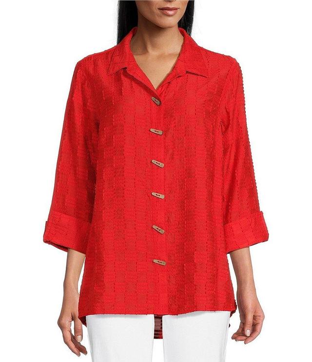 Multiples Petite Size Jacquard Point Collar 3/4 Sleeve Hi-Low Hem Button-Front Fitted Shirt Product Image