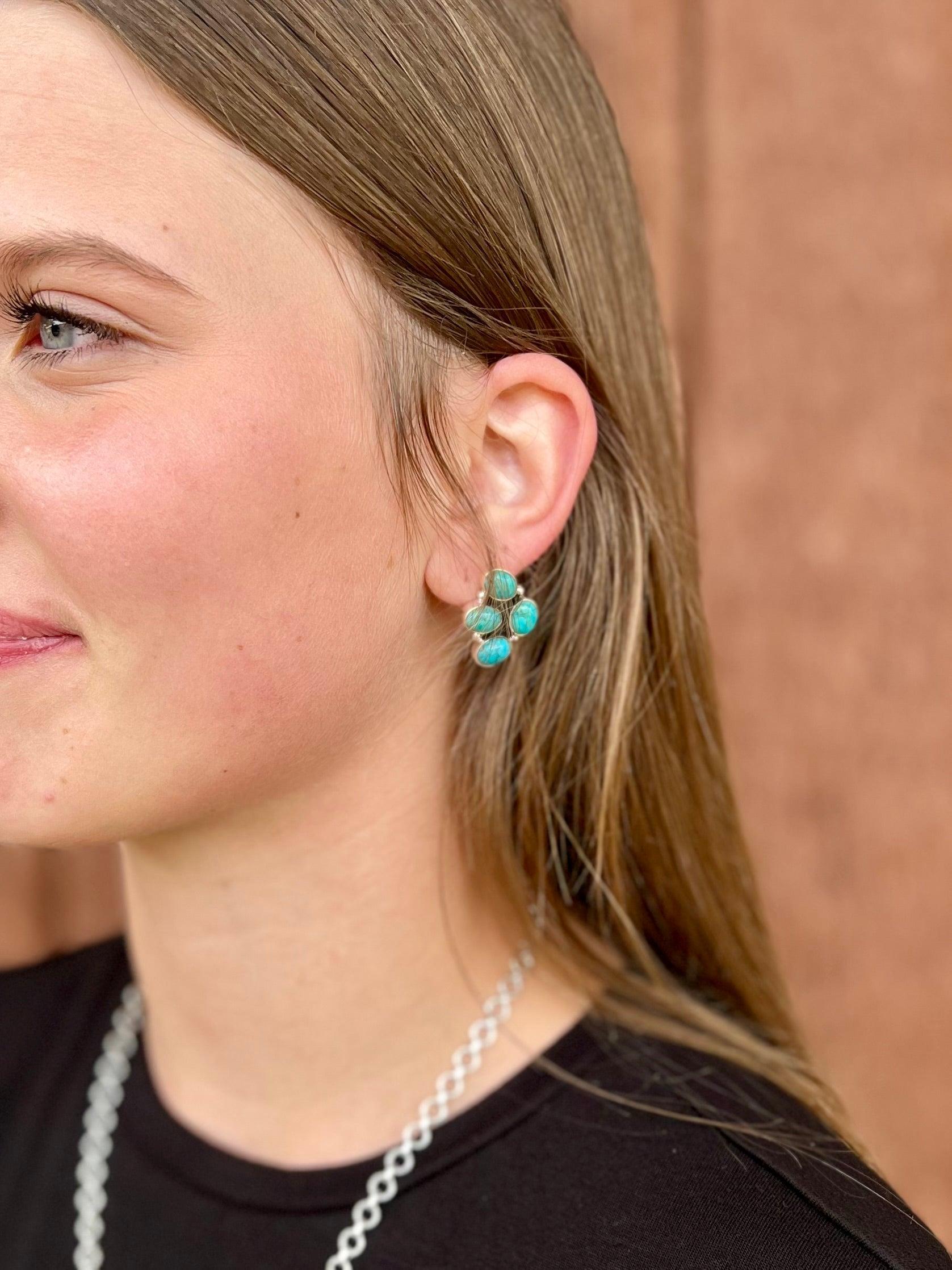 Turquoise Cluster Sterling Silver Navajo Earrings Product Image