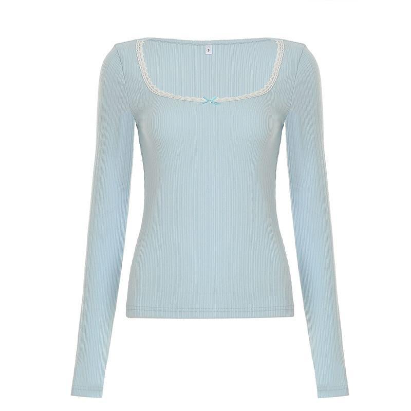 Long Sleeve Square-Neck Lace-Trim Bow Accent Slim-Fit Knit Top Product Image