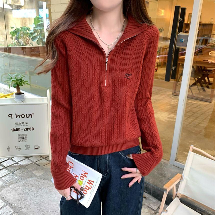 Long-Sleeve Half Zip Embroidered Knit Top Product Image