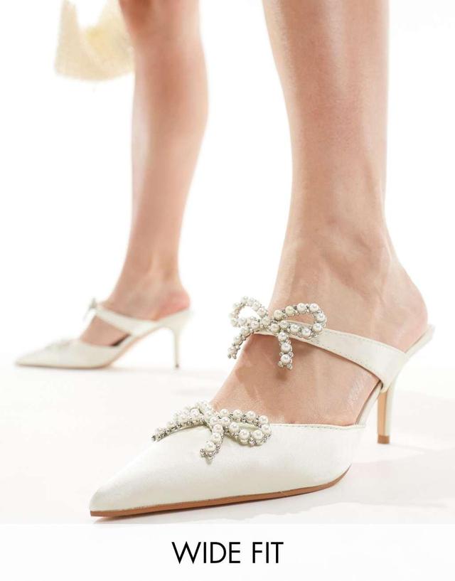 Glamorous Wide Fit Bridal pearl embellished bow heeled mules in ivory satin Product Image