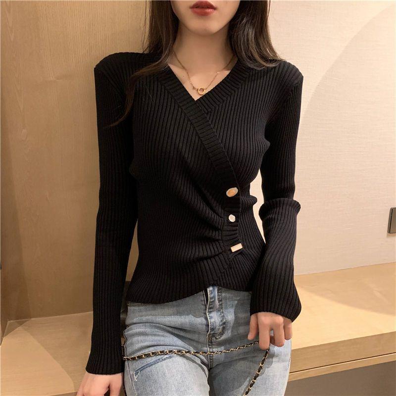 V-Neck Long Sleeve Button Up Cropped Ribbed Knit Top Product Image