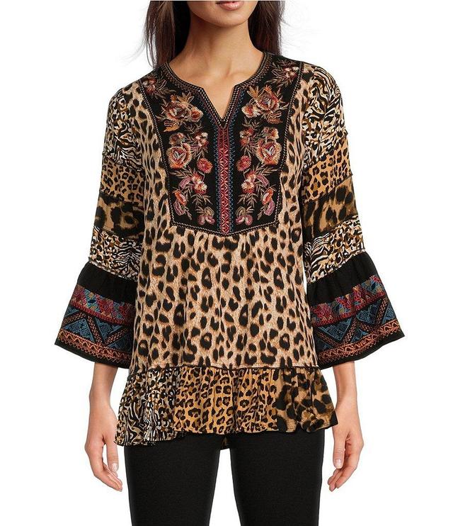 Calessa Embroidered Patchwork Split Round Neckline 3/4 Sleeve Tunic Product Image